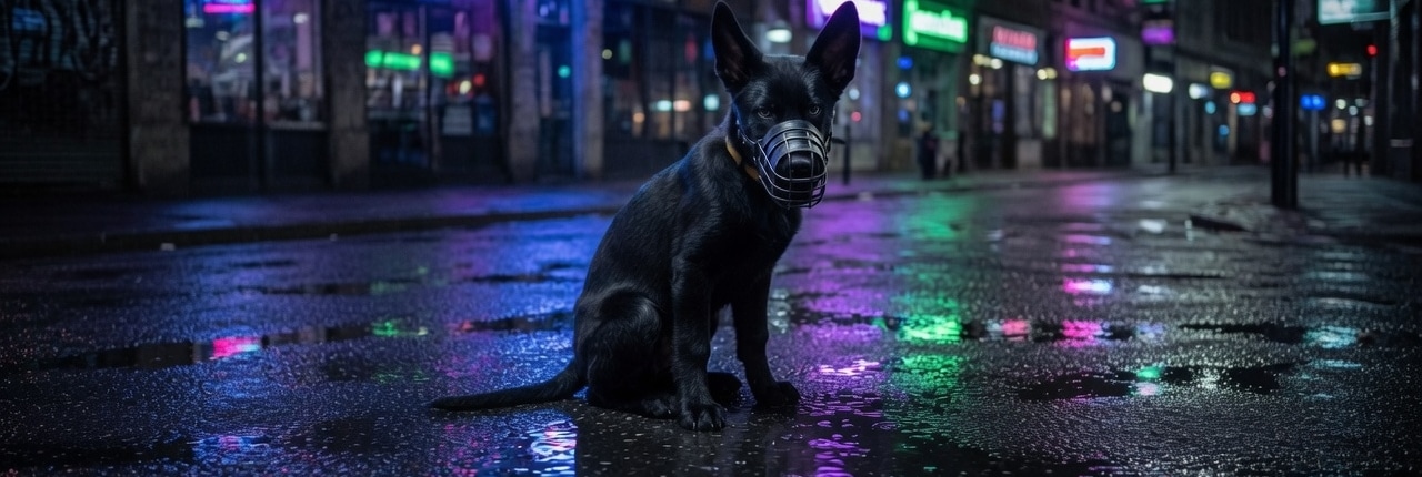 Headerbild: ein schwarzer Hund mit Beißkorb